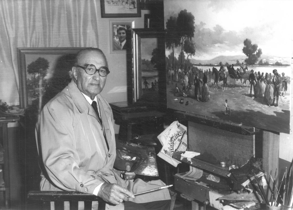 Fotografía del pintor sevillano José Almonte Gallego en 1982 en su estudio de la Plaza de San Marcos